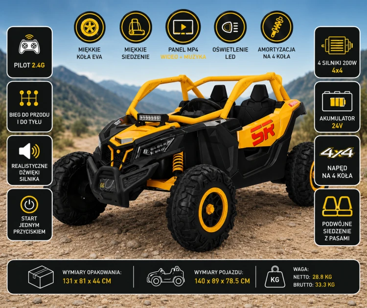 Duży Buggy UTV 24V 4x4 dla Dzieci – MP4 Video, Miękkie Koła EVA, 4 Silniki 200W