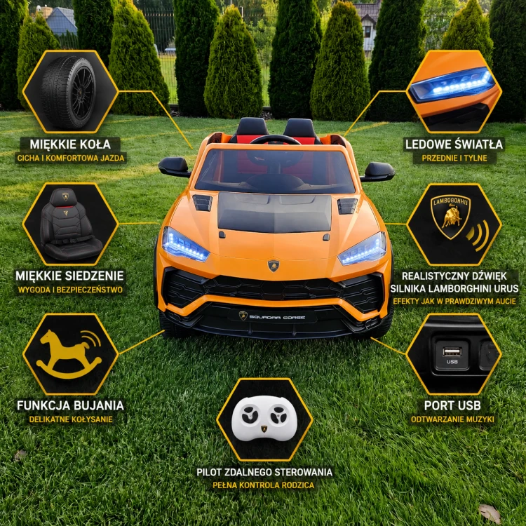 Auto Elektryczne Lamborghini Urus dla Dzieci 12V – Koła EVA, Pilot, LED, USB, Funkcja Bujania
