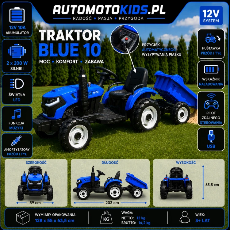 Traktor elektryczny dla dzieci BLUE 10 12V z przyczepą i automatycznym wywrotem  Koła EVA  Pilot RC 5.png