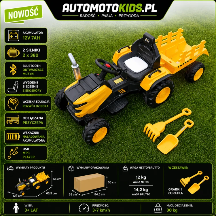 Traktor na Akumulator 12V z Przyczepką i Pilotem – Ciągnik dla Dzieci Żółty.png