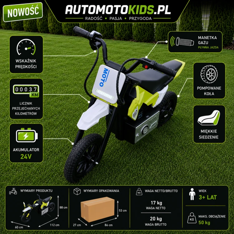Motor Elektryczny dla Dzieci 24V Cross Enduro  Pompowane Koła  Licznik KM  Miękkie Siedzenie.png