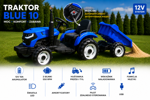 Traktor elektryczny dla dzieci BLUE 10 z przyczepą i automatycznym wywrotem