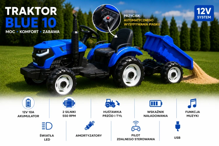 Traktor elektryczny dla dzieci BLUE 10 z przyczepą i automatycznym wywrotem
