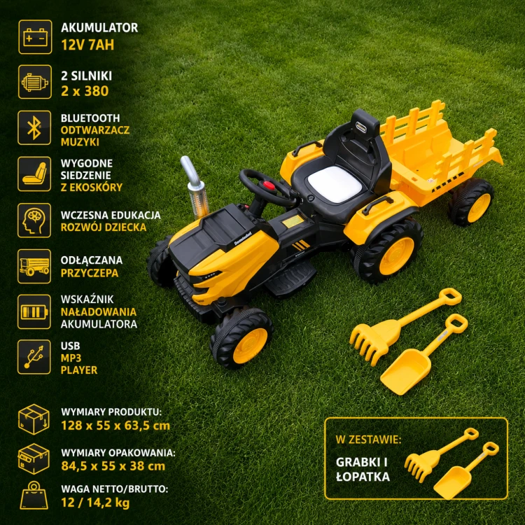 Traktor Elektryczny  12V z Przyczepą – Bluetooth, MP3, Skórzane Siedzenie