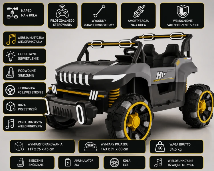 Auto Elektryczne Off-Road 24V 4x4 XXL dla Dzieci – 2 Osoby, Koła EVA, Pilot 2.4G, Amortyzacja