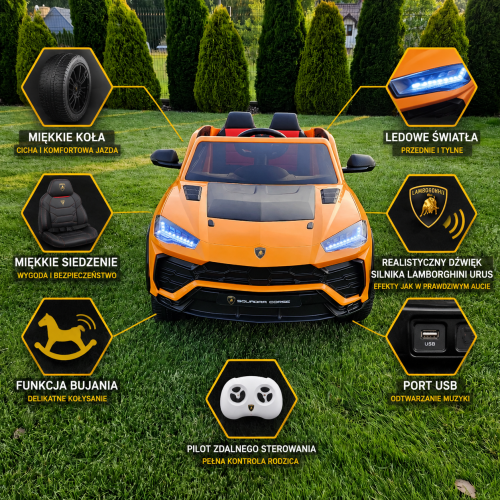 Auto Elektryczne Lamborghini Urus dla Dzieci 12V – Koła EVA, Pilot, LED, USB, Funkcja Bujania
