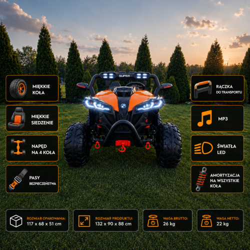 Buggy 4x4 XXL dla Dzieci 12V | Pilot | EVA | LED | USB | Bluetooth