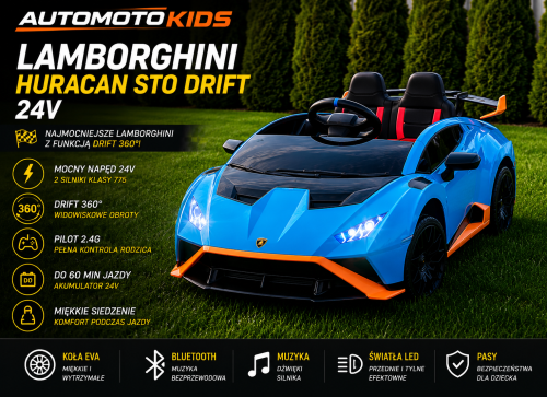 Lamborghini Huracan STO Drift 24V dla Dzieci – 2x775W, Drift 360°, Pilot 2.4G, Bluetooth, Koła EVA, Niebieski