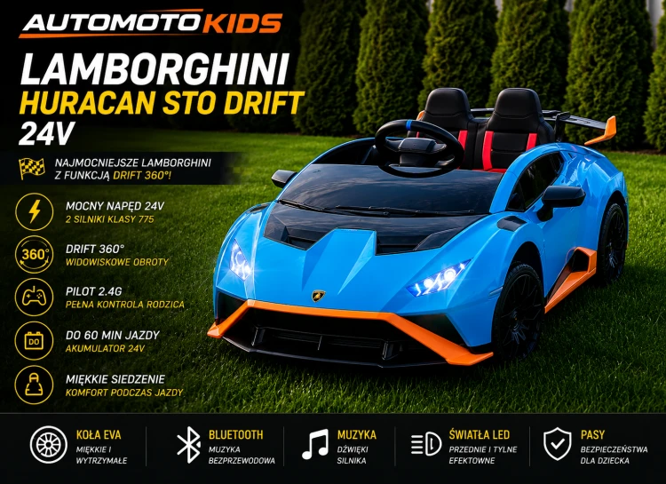 Lamborghini Huracan STO Drift 24V dla Dzieci – 2x775W, Drift 360°, Pilot 2.4G, Bluetooth, Koła EVA, Niebieski