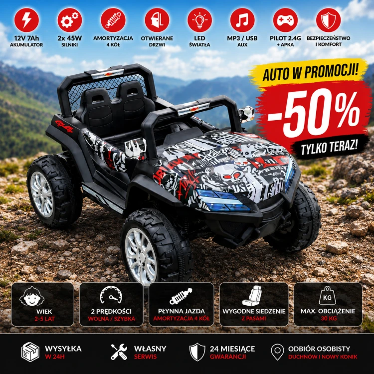 Auto Elektryczne dla Dzieci 12V 2x45W Terenowe Graffiti 4x4 – Pilot, LED, Amortyzacja